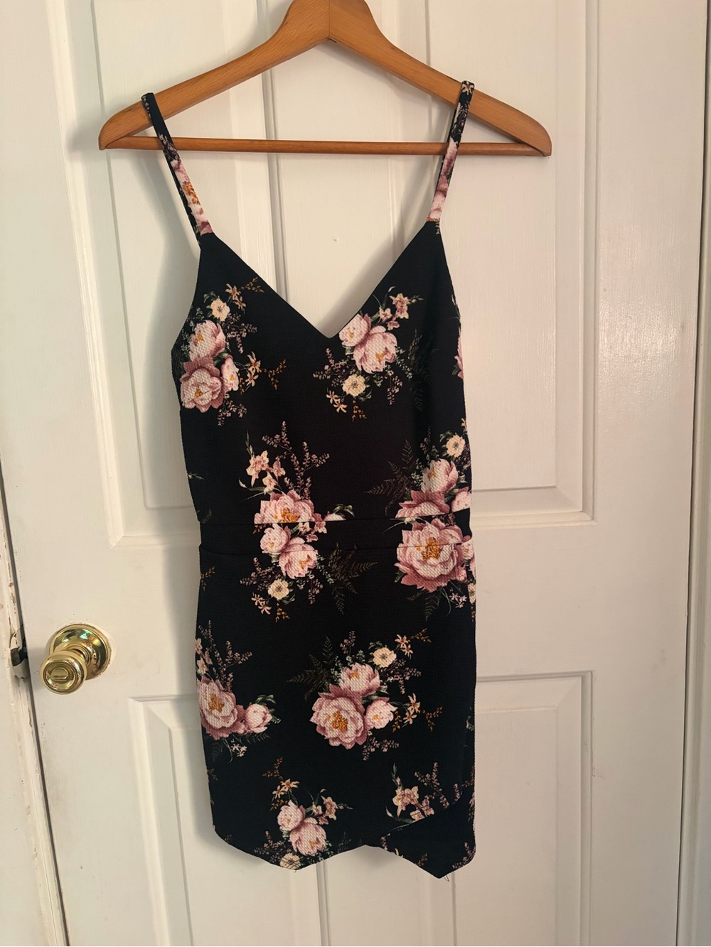 Black Floral Romper with Pink Rose Print